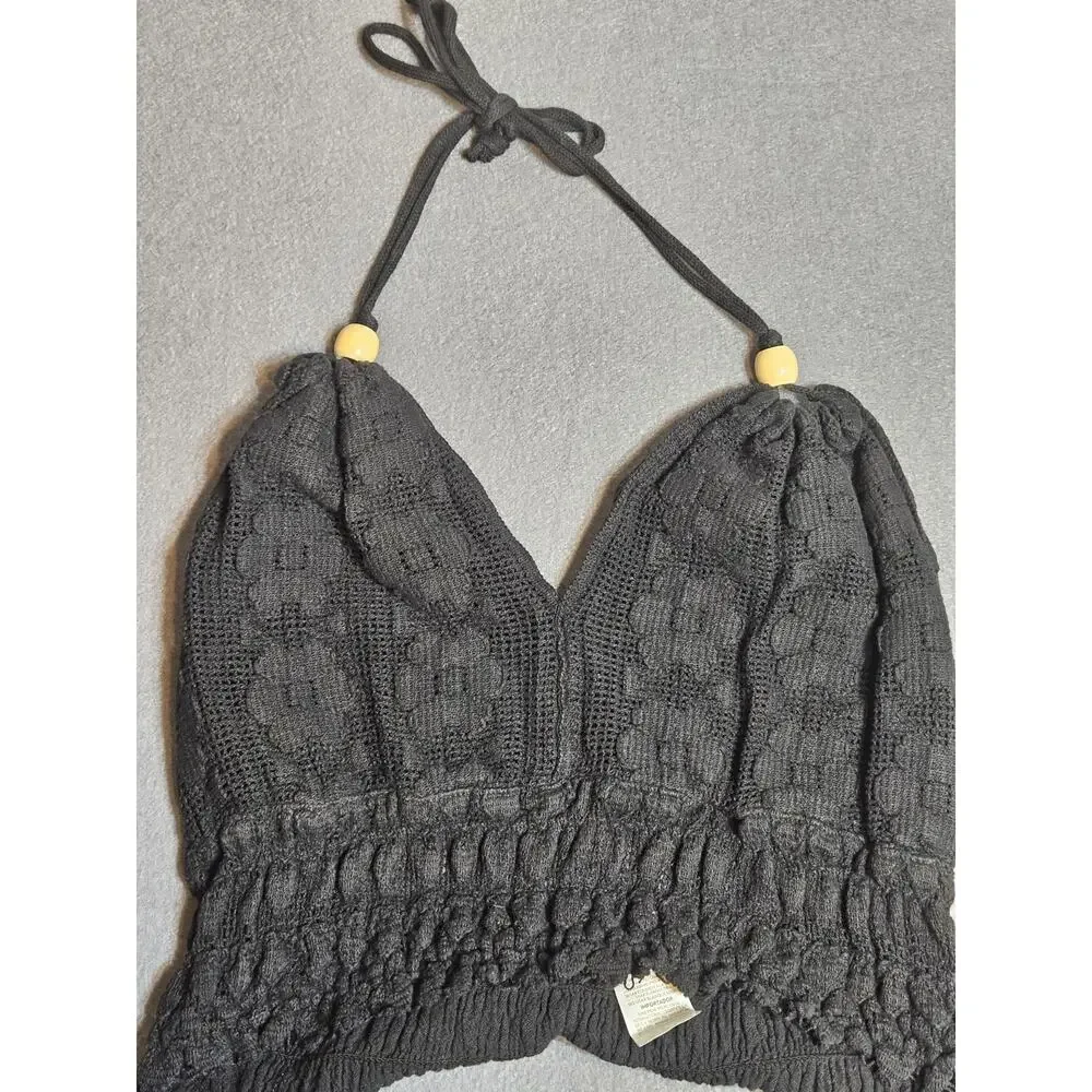 Boho Black Crocheted Bralette XS/S Tie Closures On Neck - Picture 2 of 6